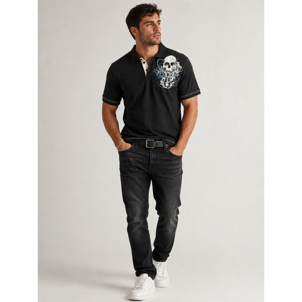 Marc Ecko Cut & Sew Black Skull Graphic Polo Shirt Embroidered Gothic Y2K Men M